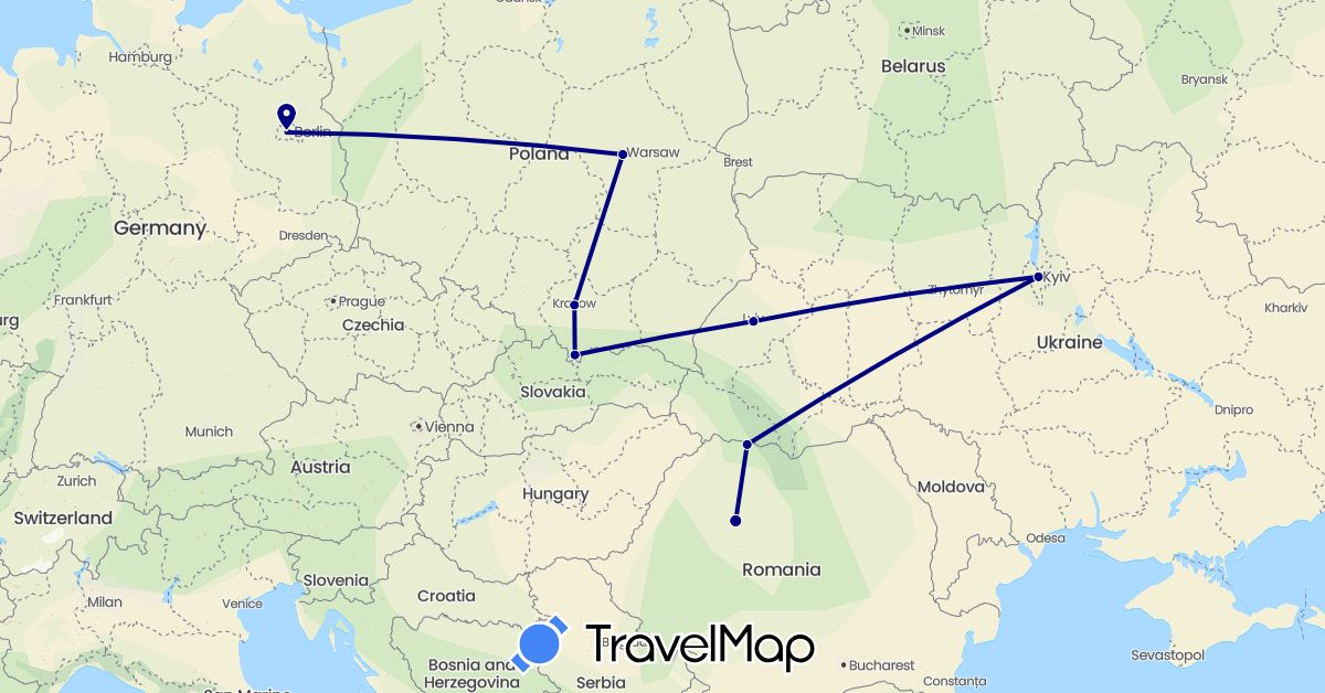 TravelMap itinerary: driving, bus in Germany, Poland, Romania, Ukraine (Europe)